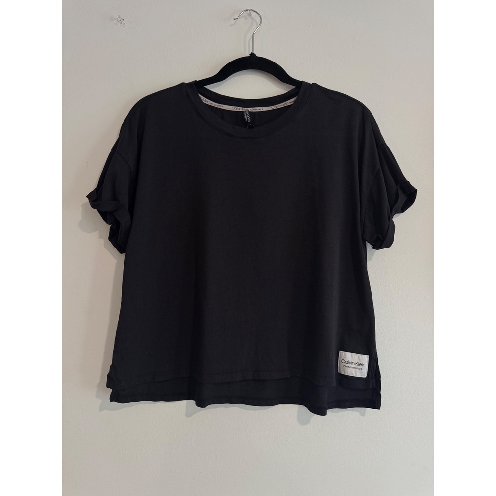 Calvin Klein Performance Tee Women Large Black Cuffed Sleeve Activewear Top